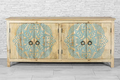 Urban Loft Handmade Solid Mango Wood Carved 4 Doors Sideboard