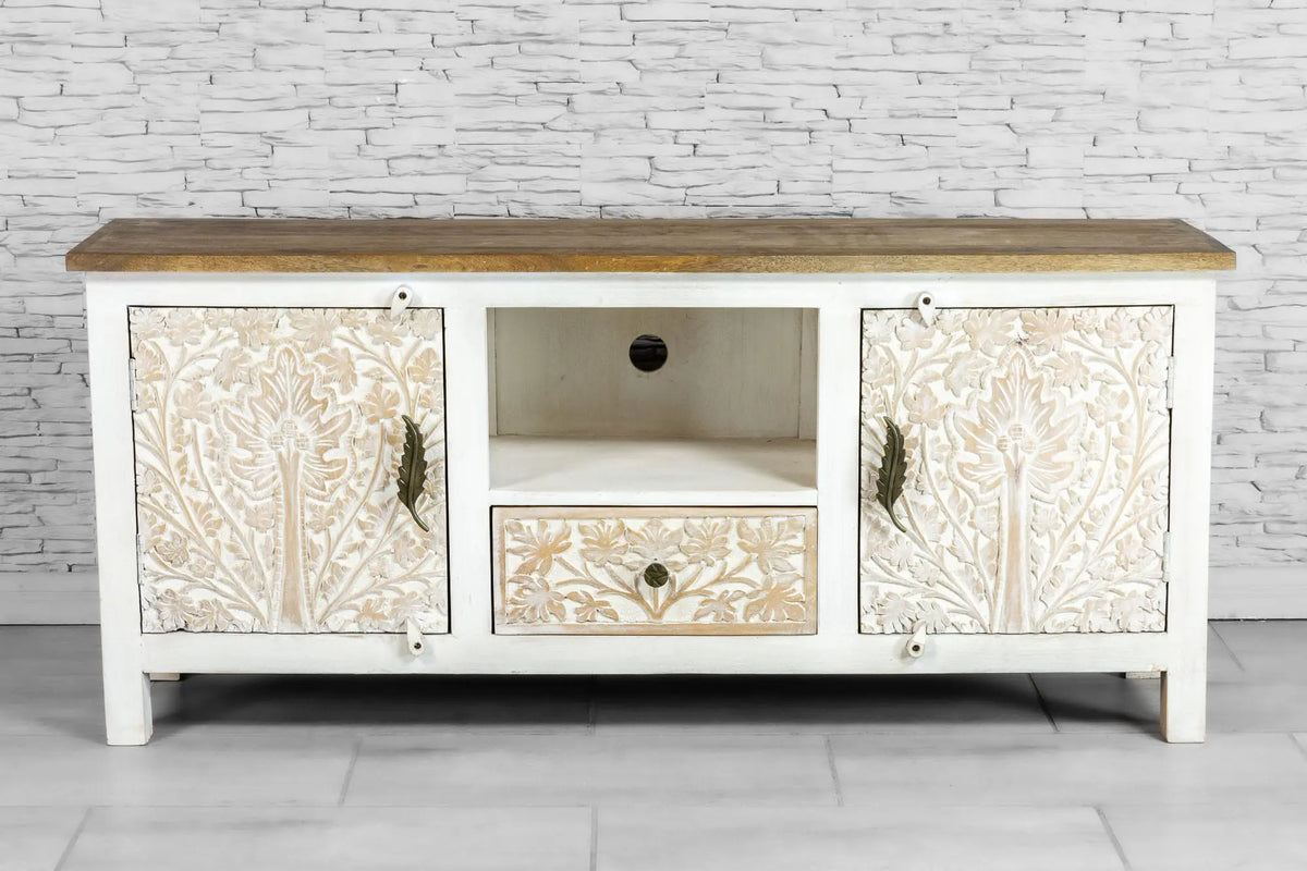 Urban Loft Handmade Solid Mango Wood Carved 2 Doors Tv Unit White