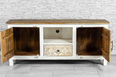 Urban Loft Handmade Solid Mango Wood Carved 2 Doors Tv Unit White