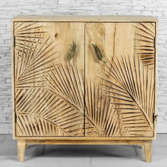 Urban Loft Handmade Solid Mango Wood Carved 2 Doors Cabinet Natural