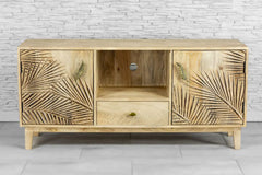 Urban Loft Handmade Solid Mango Wood Carved 2 Doors TV Unit Natural