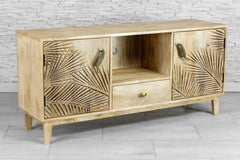 Urban Loft Handmade Solid Mango Wood Carved 2 Doors TV Unit Natural