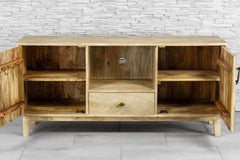 Urban Loft Handmade Solid Mango Wood Carved 2 Doors TV Unit Natural