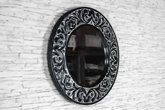 Urban Loft Handcrafted Solid Mango Wood Carved Round Mirror Frame in Black Rustic