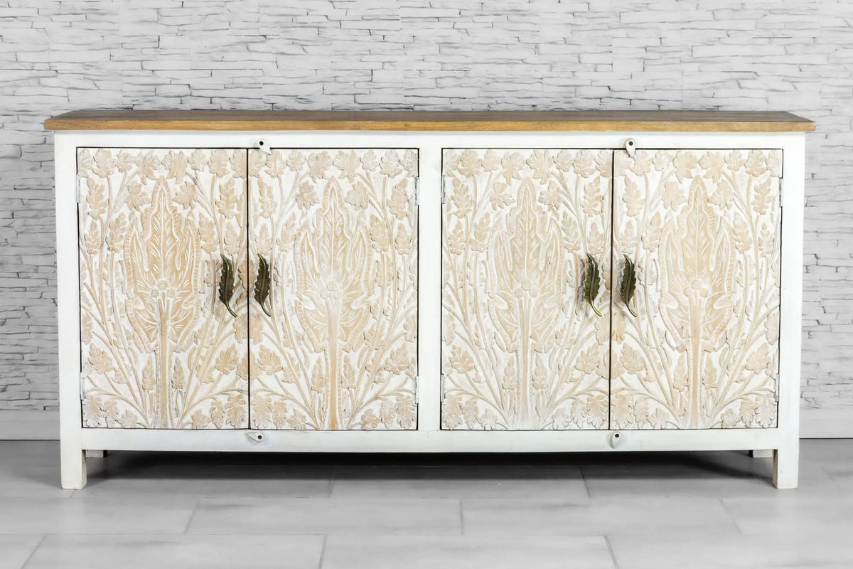 Urban Loft Handmade Solid Mango Wood Carved 4Doors Sideboard