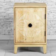 Urban Loft Classic Handmade Solid Mango Wood Carved 1 Door Bedside Table