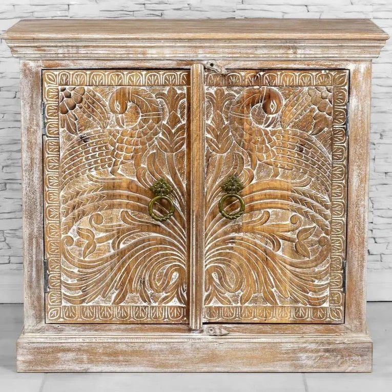 Urban Loft Handcrafted Solid Mango Wood Carved 2 Door Cabinet Whitewash