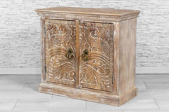 Urban Loft Handcrafted Solid Mango Wood Carved 2 Door Cabinet Whitewash