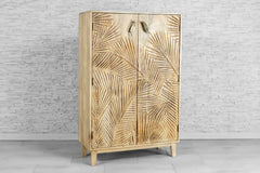 Urban Loft Handmade Solid Mango Wood Carved 2 Doors Cupboard Cabinet Natural