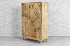 Urban Loft Handmade Solid Mango Wood Carved 2 Doors Cupboard Cabinet Natural