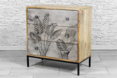 Urban Loft Handmade Solid Mango Wood Carved 2 Door Cabinet On Metal Stand