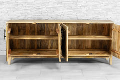 Urban Loft Handmade Solid Mango Wood Carved 4 Doors Sideboard Natural