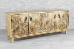 Urban Loft Handmade Solid Mango Wood Carved 4 Doors Sideboard Natural