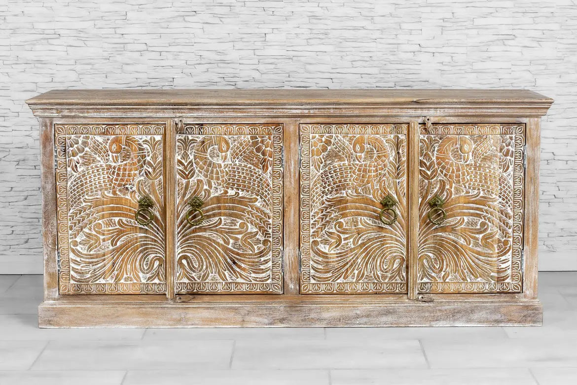 Urban Loft Handcrafted Solid Mango Wood Carved 4 Door Sideboard Whitewash