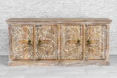 Urban Loft Handcrafted Solid Mango Wood Carved 4 Door Sideboard Whitewash