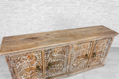 Urban Loft Handcrafted Solid Mango Wood Carved 4 Door Sideboard Whitewash