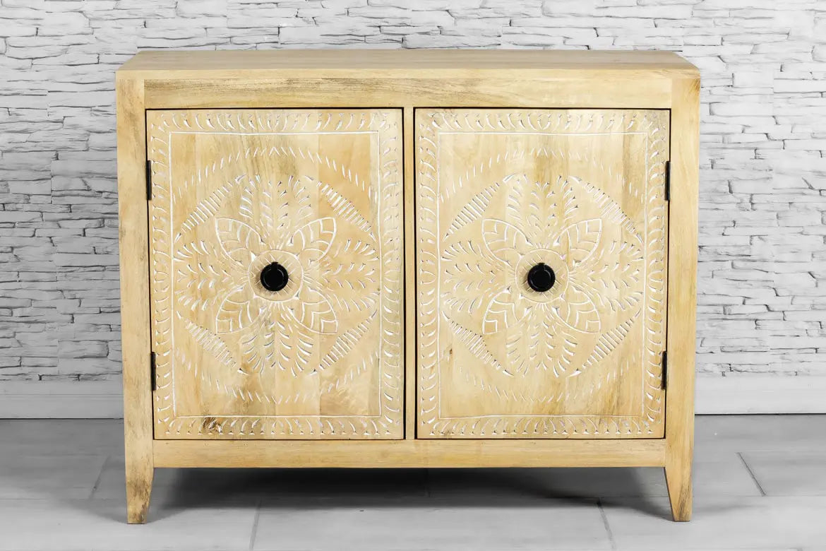 Urban Loft Classic Handmade Solid Mango Wood Carved 2 Doors Sideboard