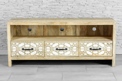 Urban Loft Classic Handmade Solid Mango Wood Carved 3 Drawers Tv Unit