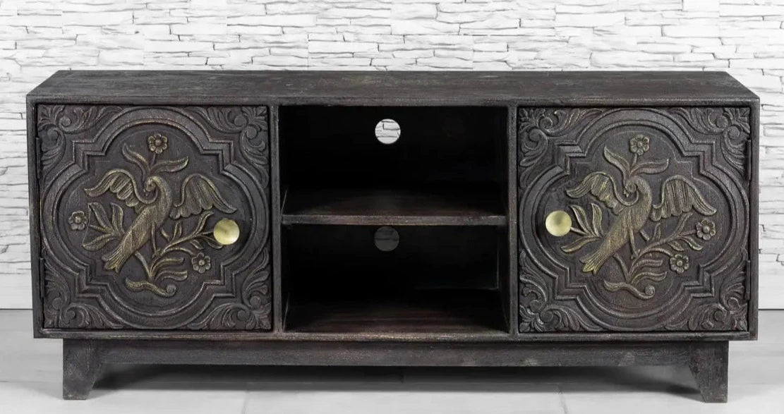 Urban Loft Handmade Solid Mango Wood Carved 2 Door TV Unit in Black