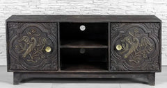 Urban Loft Handmade Solid Mango Wood Carved 2 Door TV Unit in Black