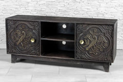 Urban Loft Handmade Solid Mango Wood Carved 2 Door TV Unit in Black