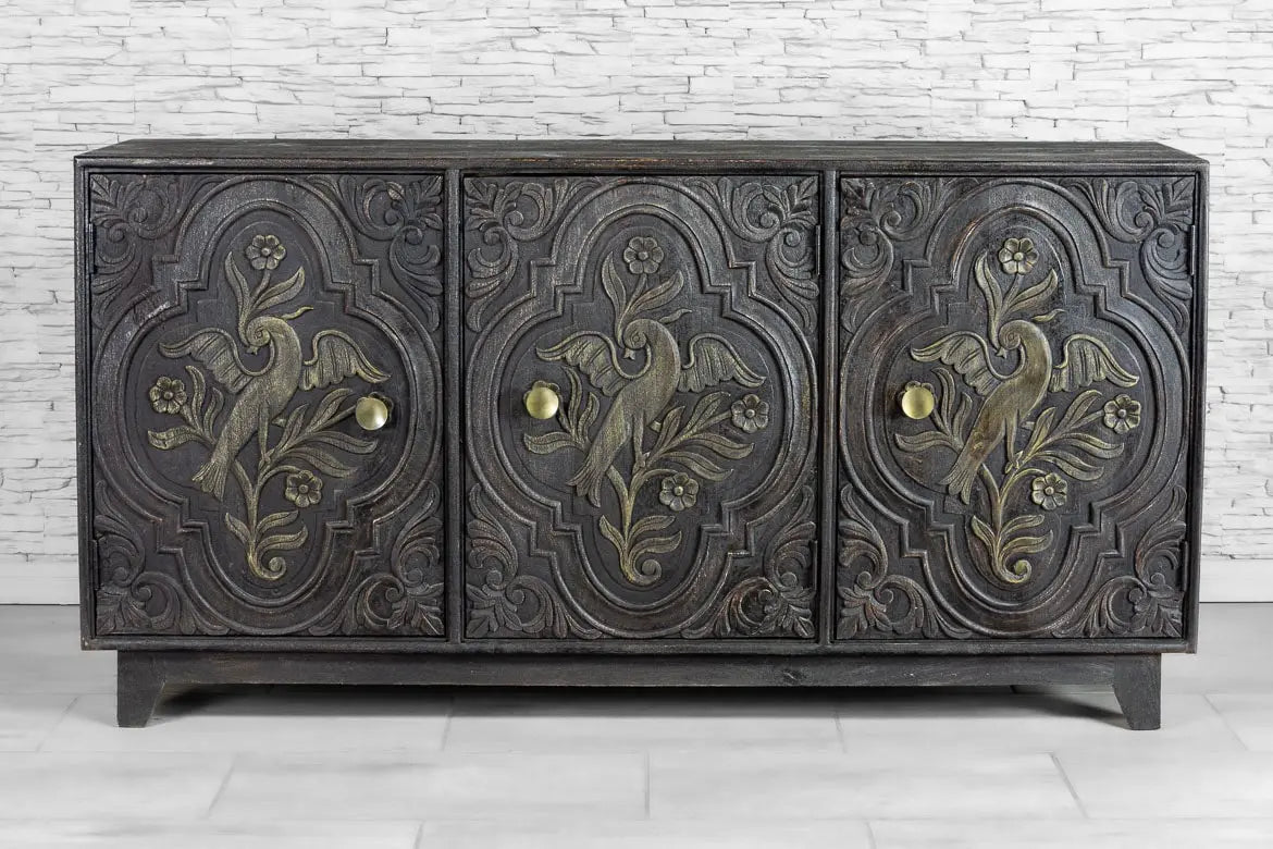 Urban Loft Handmade Solid Mango Wood Carved 3 Doors Sideboard in Black