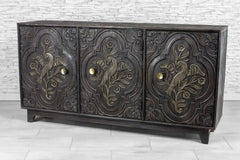 Urban Loft Handmade Solid Mango Wood Carved 3 Doors Sideboard in Black