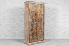 Urban Loft Handcrafted Solid Mango Wood Carved Cupboard Cabinet Whitewash