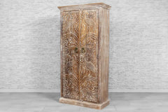 Urban Loft Handcrafted Solid Mango Wood Carved Cupboard Cabinet Whitewash