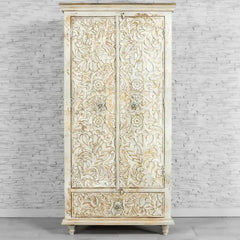 Urban Loft Classic Handmade Solid Mango Wood Carved 2 Doors Cupboard Cabinet Whitewash