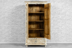 Urban Loft Classic Handmade Solid Mango Wood Carved 2 Doors Cupboard Cabinet Whitewash