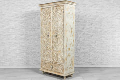 Urban Loft Classic Handmade Solid Mango Wood Carved 2 Doors Cupboard Cabinet Whitewash