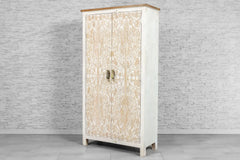 Urban Loft Handmade Solid Mango Wood Carved 2 Doors Cupboard Cabinet