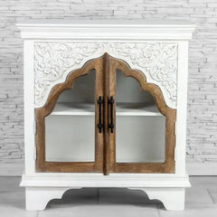 Urban Loft Handmade Solid Mango Wood Carved Glass Doors Cabinet in All White