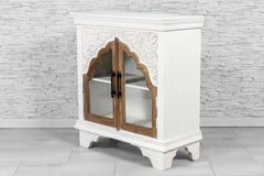 Urban Loft Handmade Solid Mango Wood Carved Glass Doors Cabinet in All White