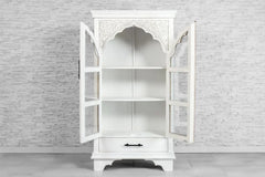 Urban Loft Handmade Solid Mango Wood Carved Glass Doors Cabinet in White