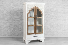 Urban Loft Handmade Solid Mango Wood Carved Glass Doors Cabinet in White