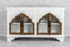 Urban Loft Handmade Solid Mango Wood Carved Glass Doors Sideboard in All White