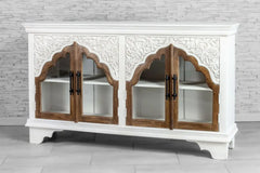 Urban Loft Handmade Solid Mango Wood Carved Glass Doors Sideboard in All White