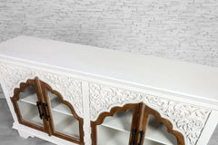 Urban Loft Handmade Solid Mango Wood Carved Glass Doors Sideboard in All White