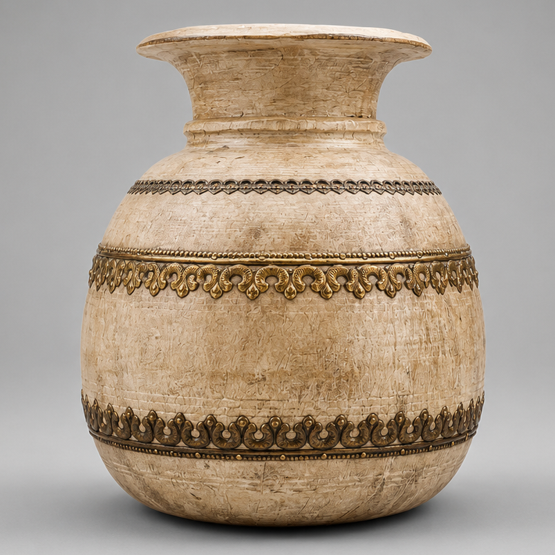 Product Features: SKU: MMPIE56116Type:  Antique Wooden Brass Pot / Planter Dimensions: 18 × 18 × 32 cm (W × D × H)Material: Make My Piece Australia.