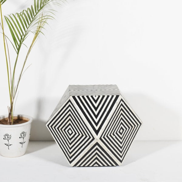 Rajasthan Bone Inlay Geometric Design Stool in Black