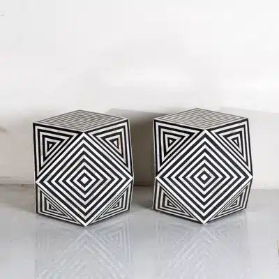 Rajasthan Bone Inlay Geometric Design Stool in Black Set of 2