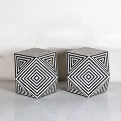 Rajasthan Bone Inlay Geometric Design Stool in Black Set of 2