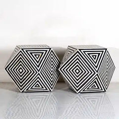 Rajasthan Bone Inlay Geometric Design Stool in Black Set of 2