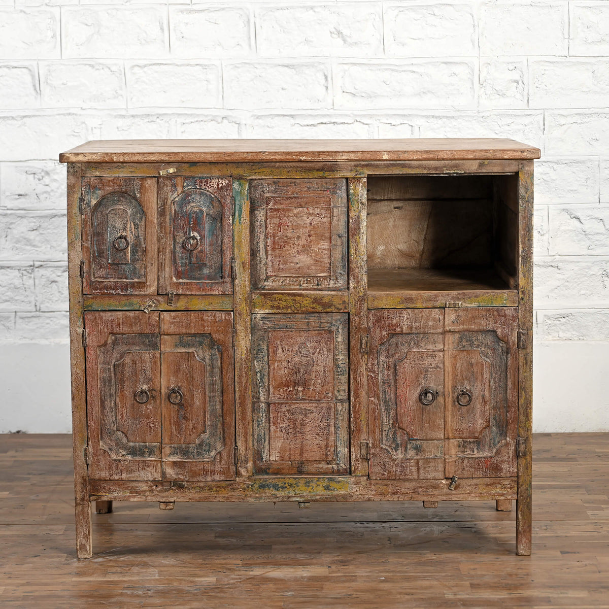 Indian Vintage Hand-Carved Sideboard Rustic Multicolour