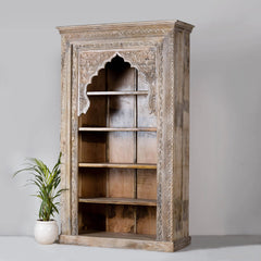 Rajasthan Handmade Indian Furniture Wooden Carved Arch Bookshelf in Light Brown