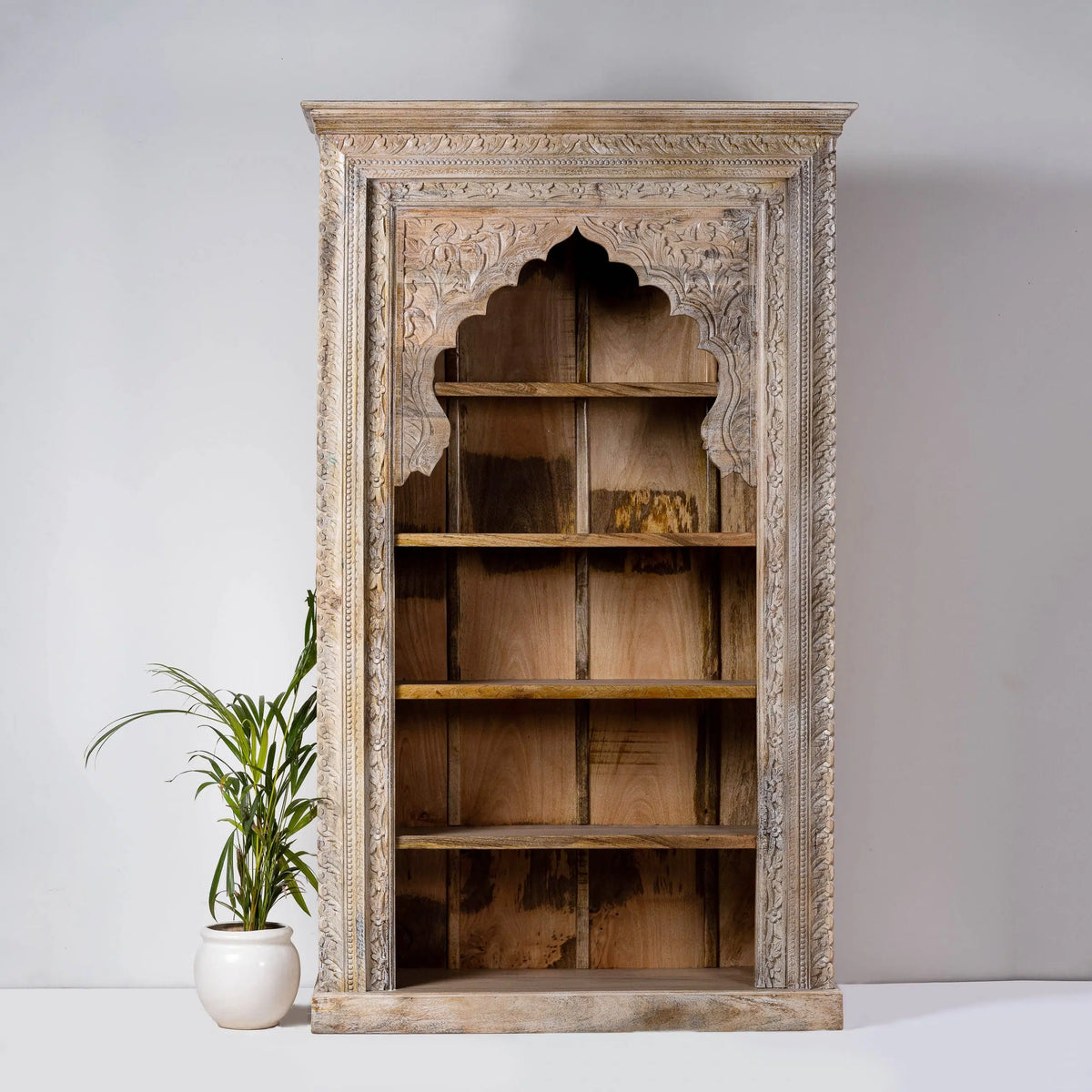 Rajasthan Handmade Indian Furniture Wooden Carved Arch Bookshelf in Light Brown