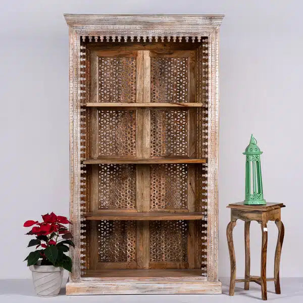 Rajasthan Handmade Indian Furniture Wooden Carved Spindle Bookshelf