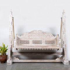 Rajasthan Handmade Carved Solid Hard Wood Swing in White